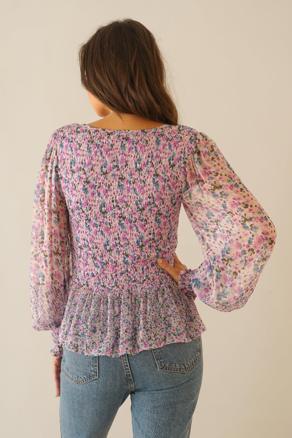 floral print long sleeve smocked blouse 