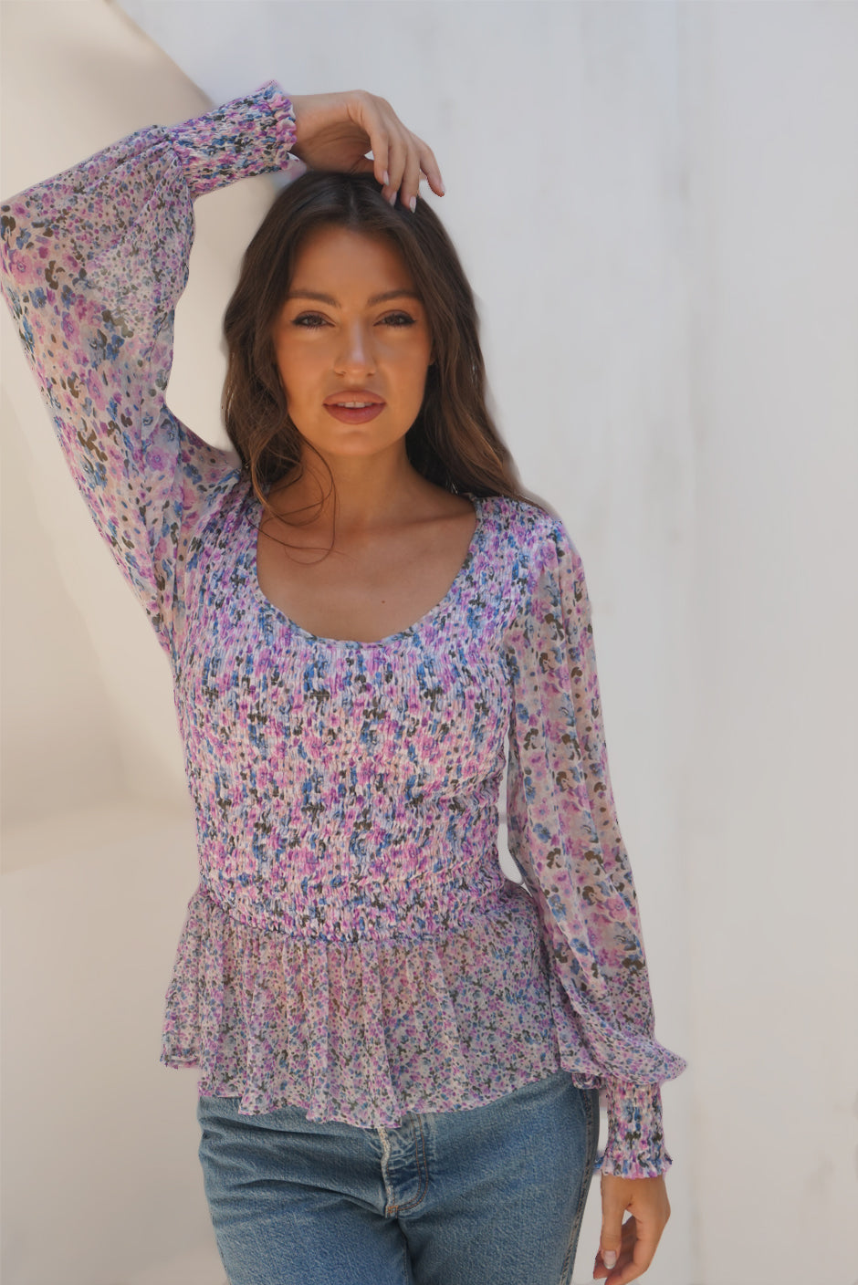 lilac floral printed blouse made from sustainable materials