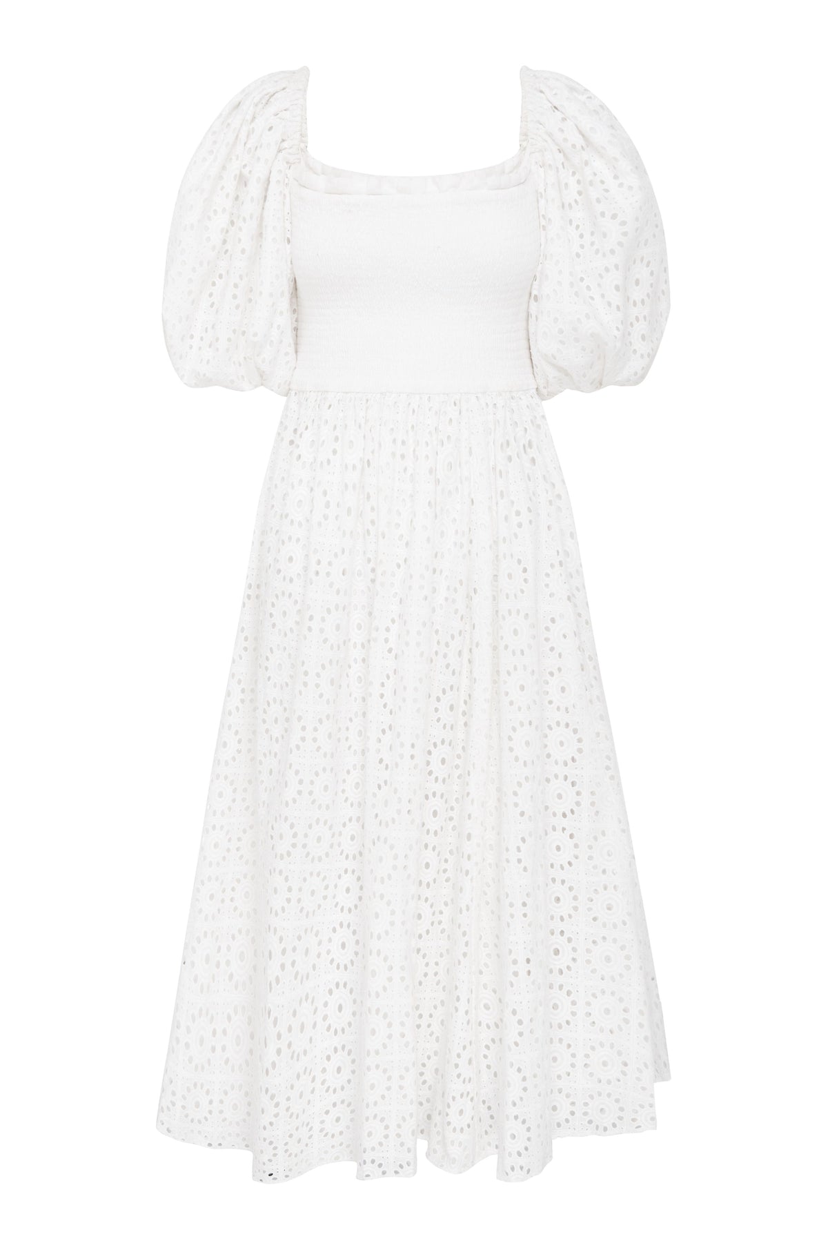 organic cotton embroidered white midi dress for summer with puffed sleeves