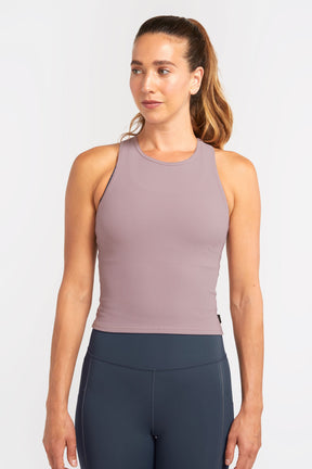 Eco friendly crop athletic tank in color elderberry (light mauve/taupe)