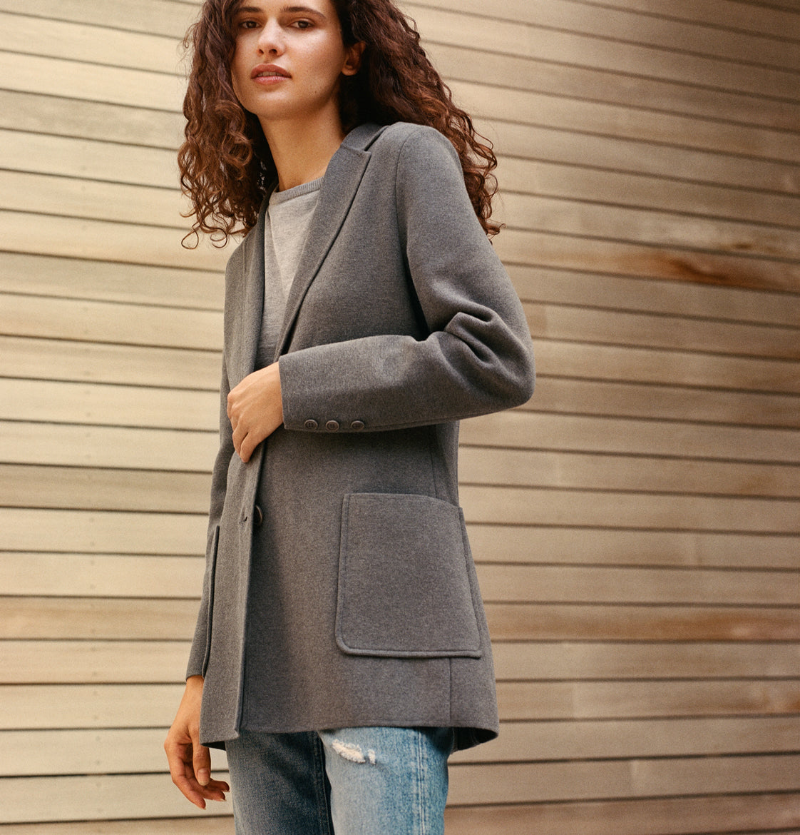 two button blazer for women in grey made from sustainable materials