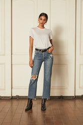 organic cotton denim jeans wide leg with ripped knee destruction